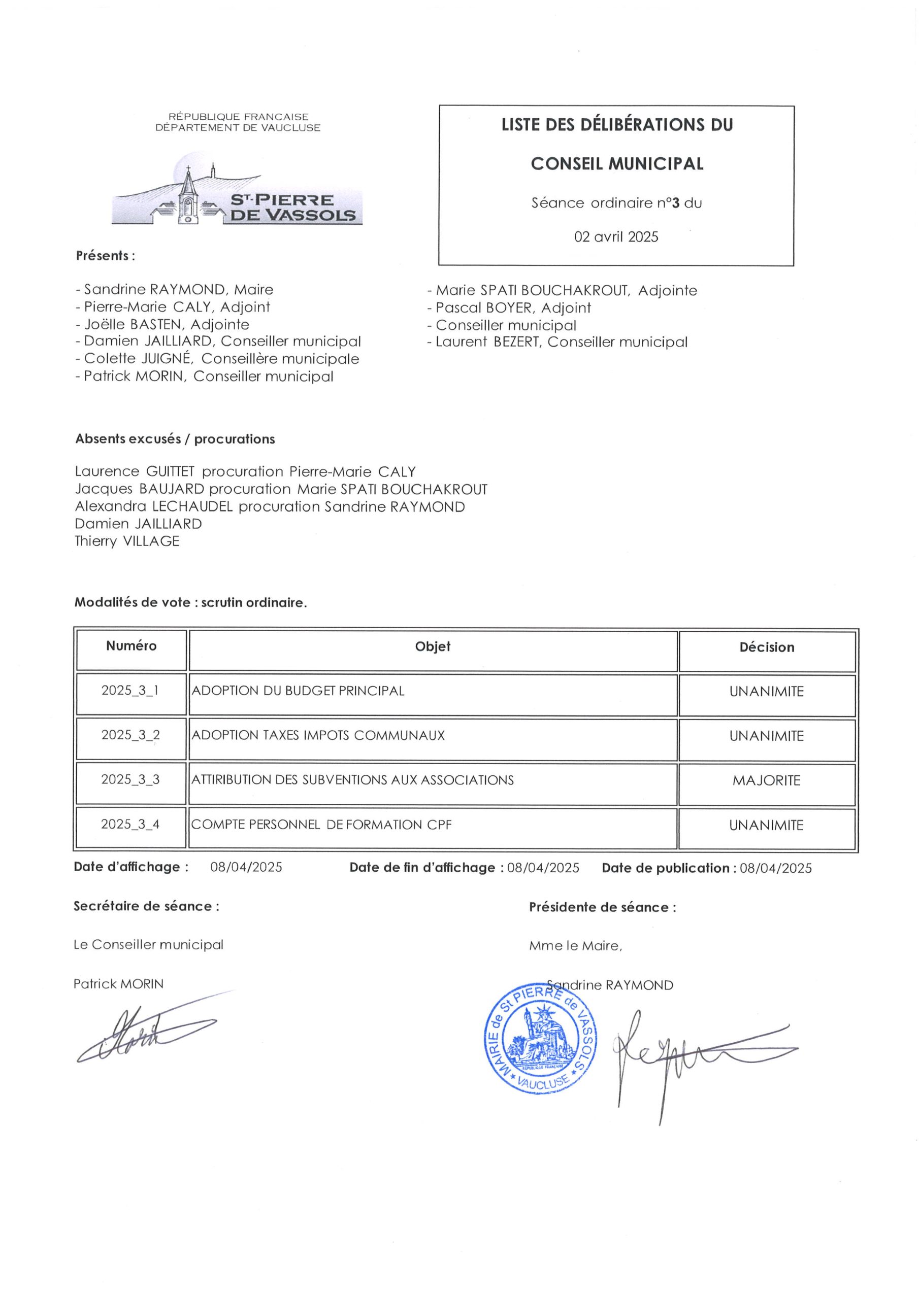 2025.3 Liste des délibérations